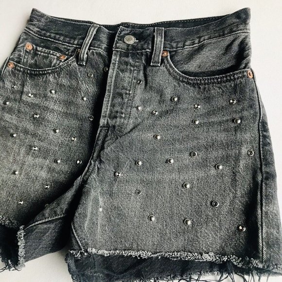 Levi’s Black Wedgie Short Cutoff Studded‎ Rhinestone Size 27 Button Fly - Picture 11 of 11